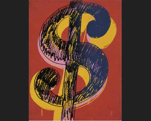 Andy Warhol dollar sign black and yellow on red